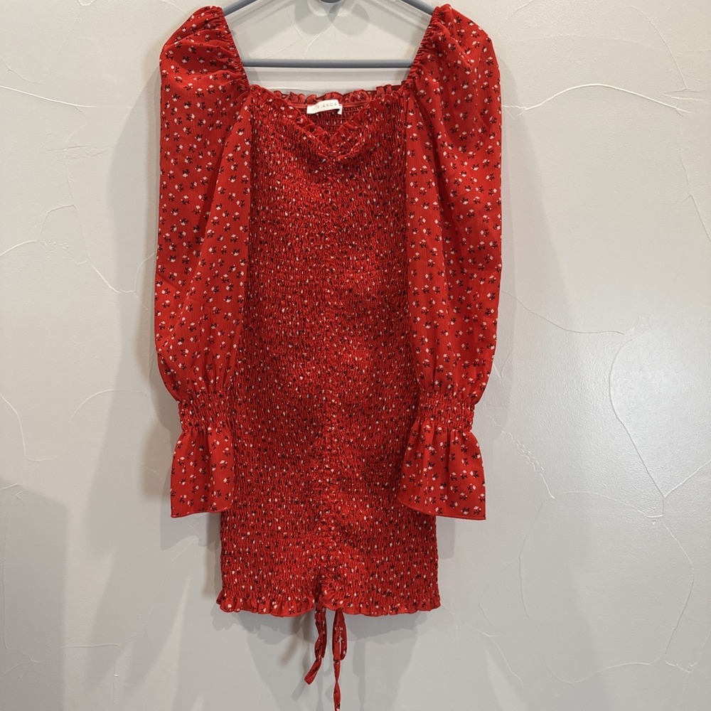 O. VIANCA Red Ditsy Floral Smocked Puff Sleeve Mini Dress – Size M – Cottagecore